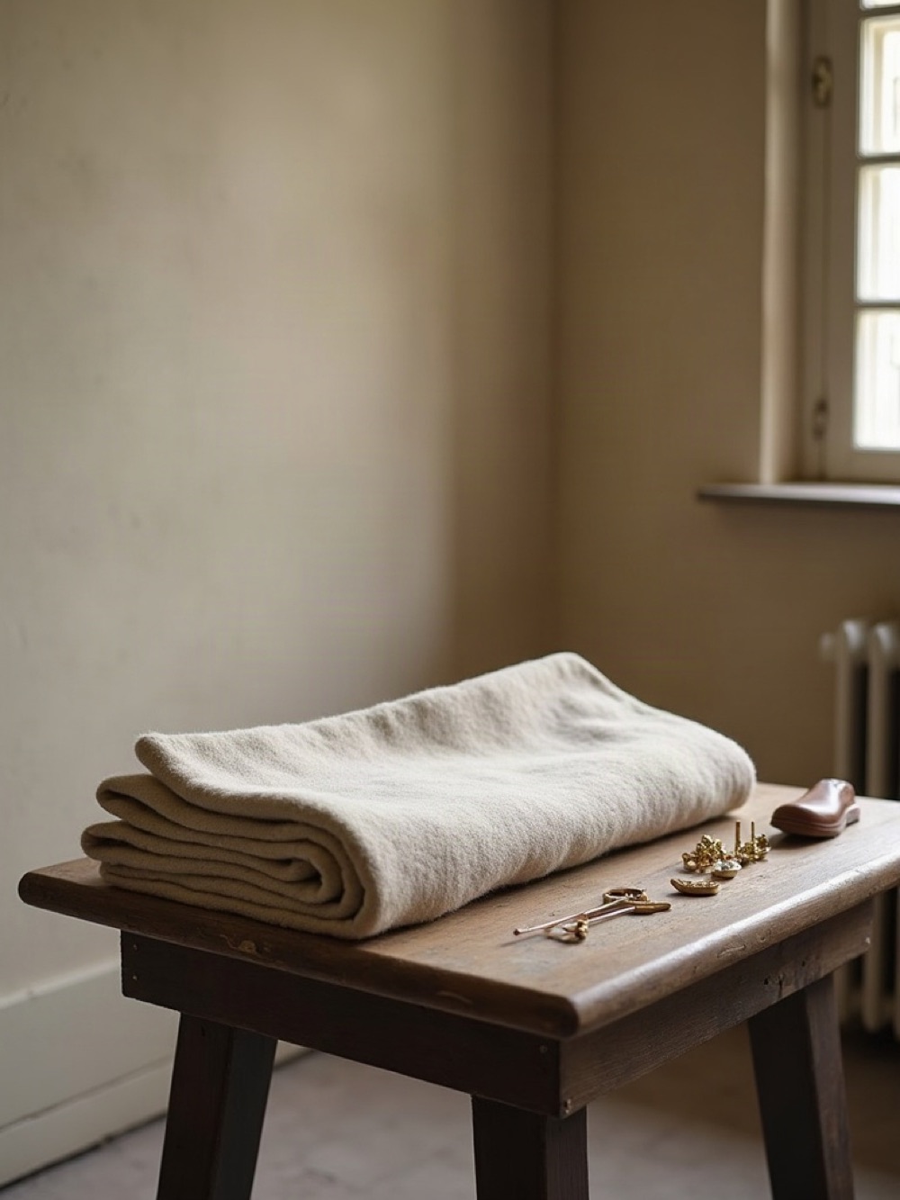 Folded cream wool, gold jewelry, and a leather shoehorn on a dark wooden stool in a sunlit Tuscan room