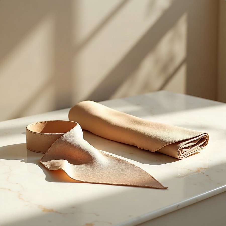 Champagne silk scarf draped and a rolled textile accessory on veined white marble