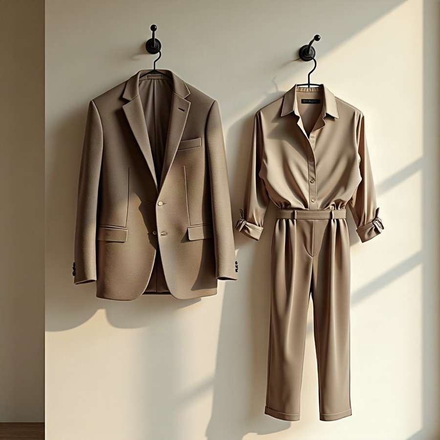 Taupe Italian blazer and a matching shirt-and-trouser set hanging on graphite hooks against a cream wall
