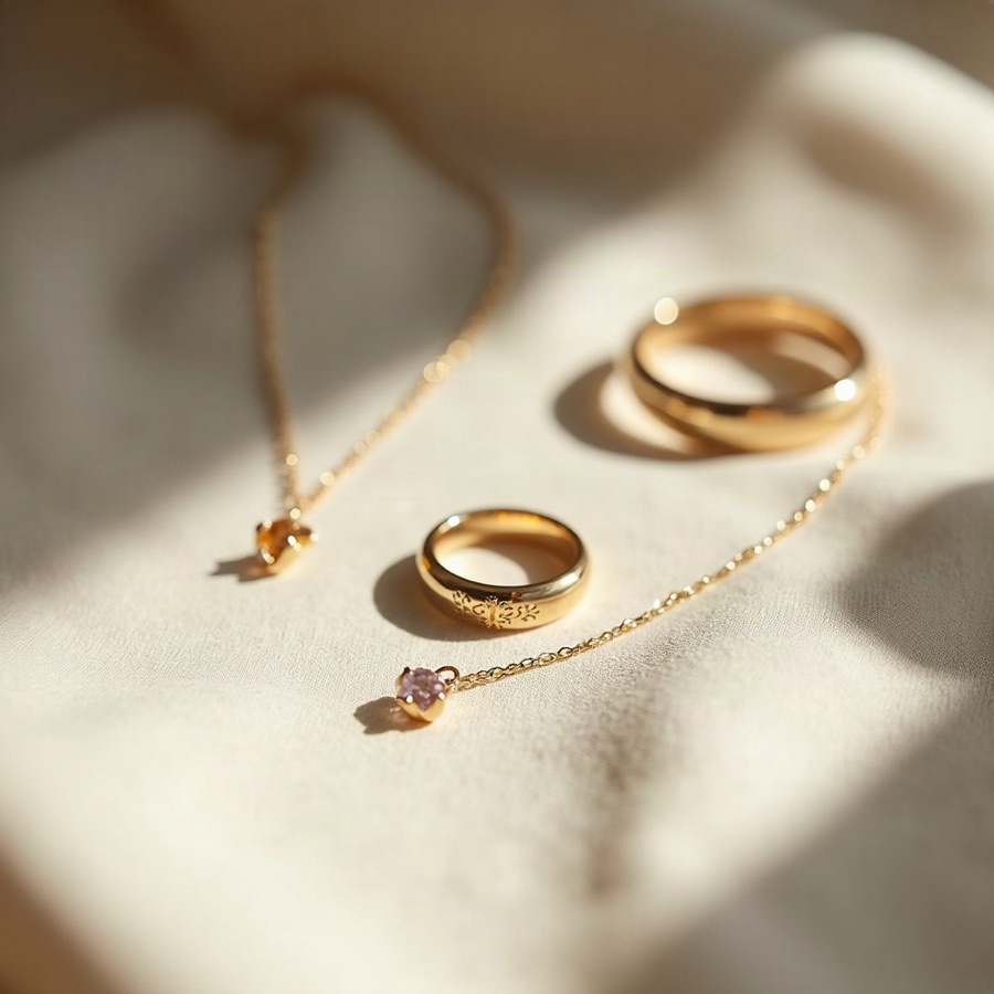 Yellow-gold rings and a fine chain with small gemstone pendants on cream linen
