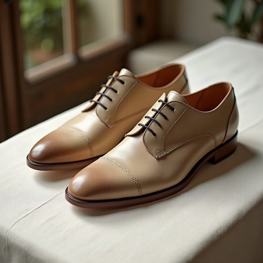 Honey-beige leather cap-toe Derby shoes with burnished toes on cream linen